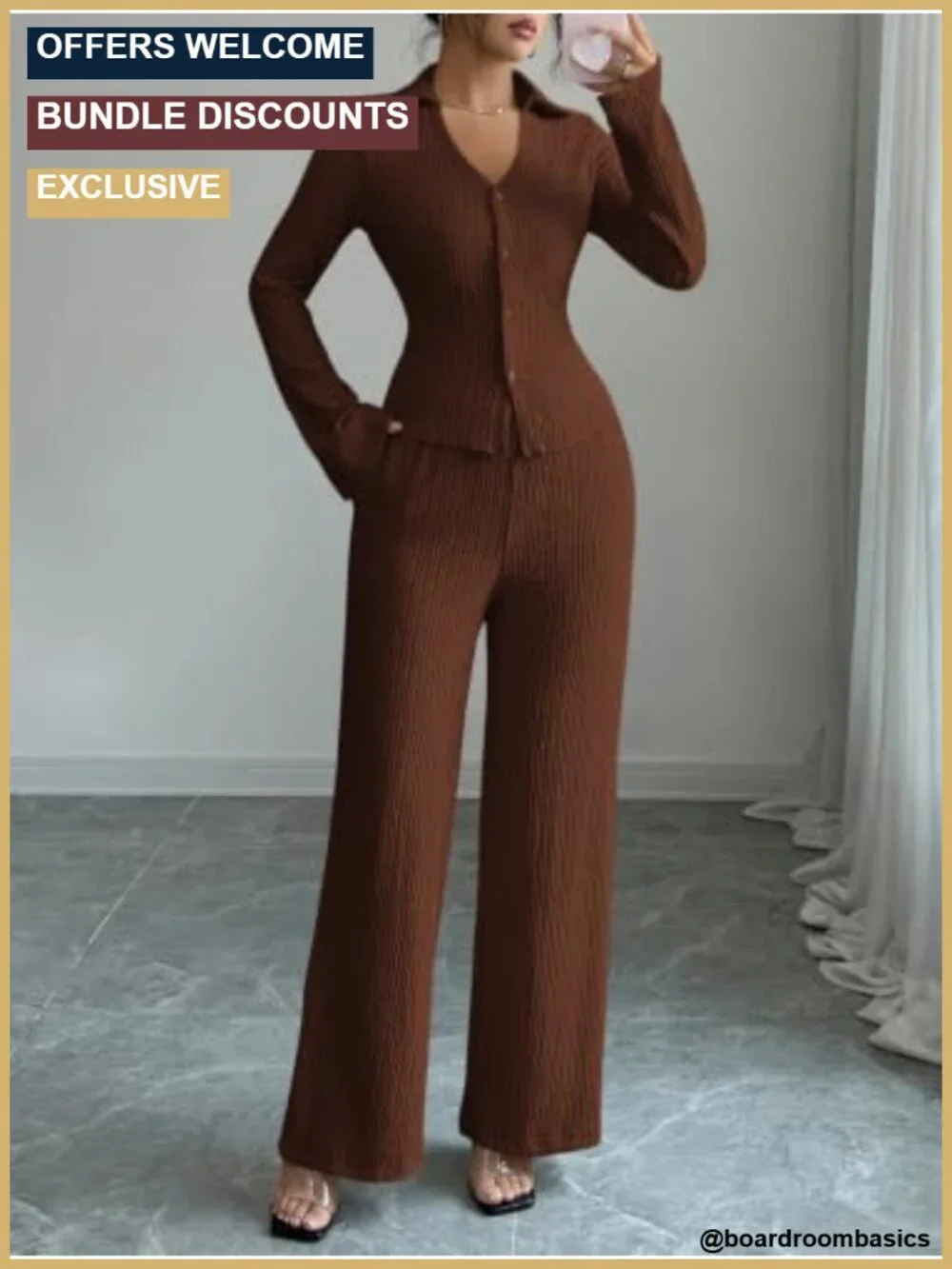 Women's Two Piece Lounge Set Collared Button Top Wide Leg Pants